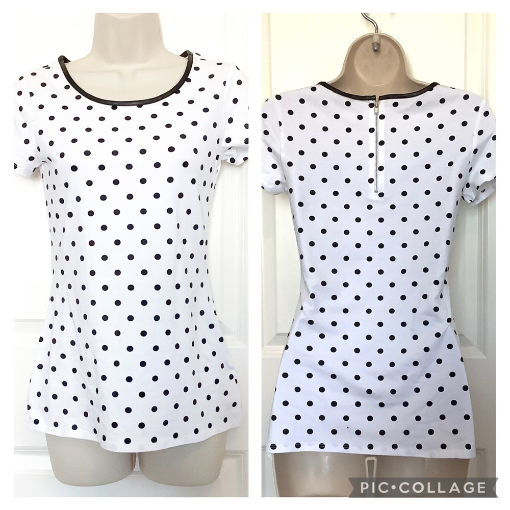 NWT Express White Black Short Sleeve Polka Dot Zip Back Top Size S